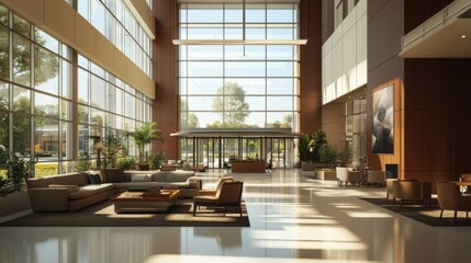 Poster - Modern commercial real estate interior featuring spacious lobby with natural light and contemporary furnishings