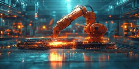 Poster - Advanced industrial robot arm operating in a futuristic manufacturing facility during a brightly lit night setting