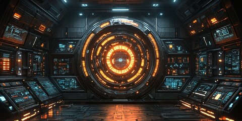 Poster - Futuristic control room with vibrant lighting and advanced technology showcasing intricate displays and a central circular interface