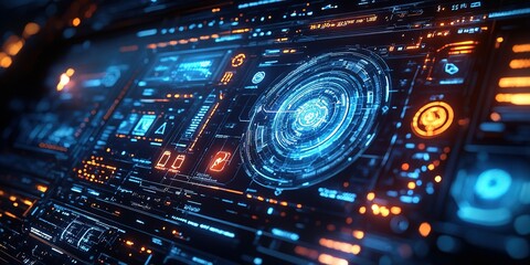 Poster - Futuristic digital dashboard displaying glowing interface elements and data graphics in a high-tech environment