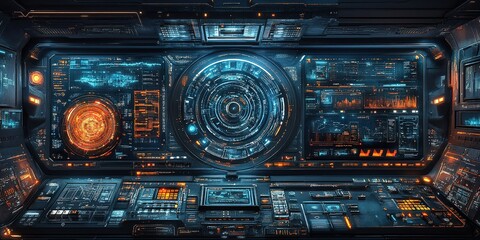 Poster - Futuristic control room displaying a high-tech interface with glowing screens and intricate data graphics