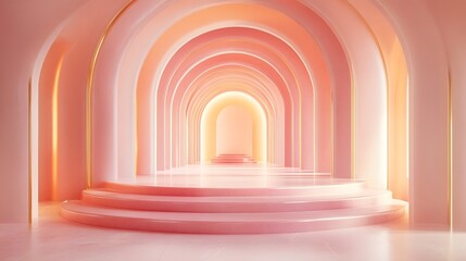 Poster - Enchanting arched passage with soothing gradient hues of pink and gold exuding a sense of modern luxury and elegant charm  This architectural design features smooth curves symmetrical patterns