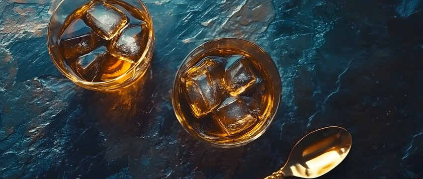 A golden spoon, two glasses of whiskey and ice cubes on a dark blue stone table