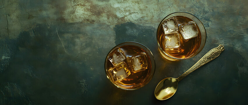 A golden spoon, two glasses of whiskey and ice cubes on a dark blue stone table