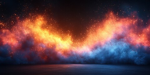 Poster - Vibrant abstract representation of fiery orange and cool blue clouds with sparkles at night