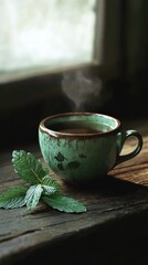 Poster - Close-up of a steaming cup of tea on a wooden table with fresh mint leaves in a cozy setting