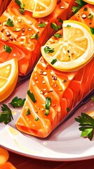 Poster - Close-up view of a delicious salmon plate garnished with lemon slices and fresh herbs