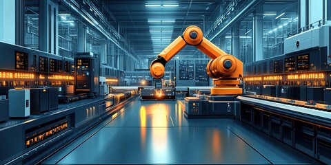 Poster - Automation technology in a modern factory with robotic arm operating machinery and a bright industrial environment