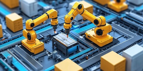 Poster - Robotic arms navigating a modern factory floor during automated production in an industrial setting