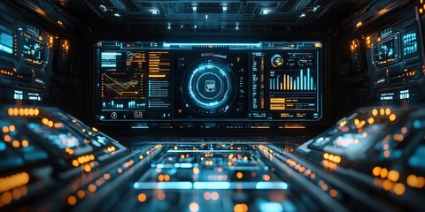 Poster - Futuristic control room filled with glowing interfaces and advanced technology in a high-tech environment