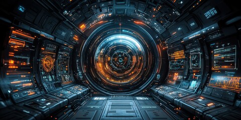 Poster - Futuristic control room with glowing technology and circular interface showcasing advanced designs