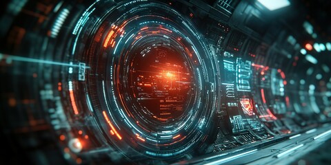 Poster - Futuristic technology display featuring glowing circular interfaces in a high-tech environment