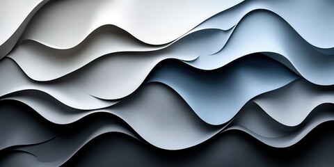 Poster - Elegant layered paper design in various shades of blue and gray creating soft waves on a textured surface