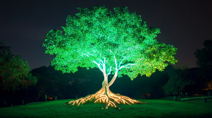 Wall Mural - Glowing green tree with vibrant lights and roots.