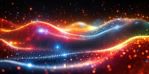 Poster - Colorful abstract waves of light create a dynamic visual experience with shimmering particles and vibrant patterns in a dark setting