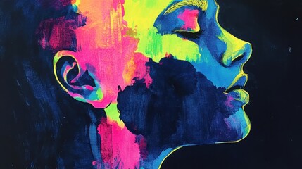 Poster - Captivating neon watercolor portrait in electric blue and vibrant hues celebrating the complexity of human emotion
