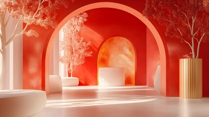 Poster - Beautifully designed modern red arched interiors featuring soft gradient backgrounds luxurious golden finishes and a captivating love themed aesthetic with decorative elements