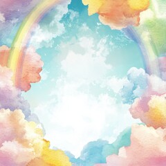 Poster - Soft watercolor border featuring clouds and a vibrant rainbow with sunlight streaming through in a serene atmosphere