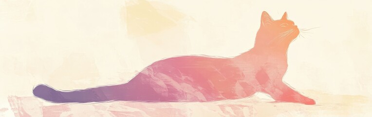 Poster - Silhouette of a stretching cat against a soft pastel background at sunset