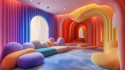 Poster - Visually striking and imaginative interior design space filled with vibrant gradients smooth textures and details that create a fun and inviting ambiance  The room features a contemporary