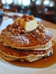 Poster - Delicious stack of fluffy pancakes topped with butter and nuts served with maple syrup in a cozy restaurant setting
