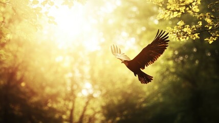 Wall Mural - bird soars through sunlit forest, wings wide open