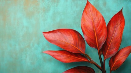 Poster - Vibrant red leaves with orange veins against a textured turquoise backdrop in autumn colors