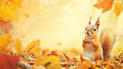 Wall Mural - squirrel in autumn forest, surrounded by vibrant leaves
