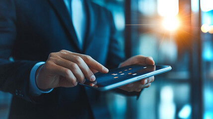 Poster - Executive reviewing business metrics on a tablet during a meeting with teams in a modern office