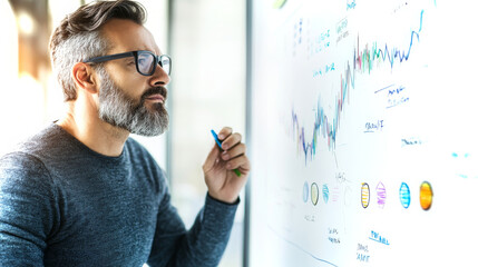 Poster - Man drawing a serious chart on a whiteboard in a modern office environment