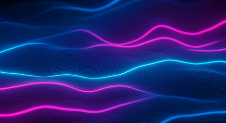 Poster - Futuristic abstract background with blue and purple liquid wavy shapes, glowing retro waves, creating a vibrant and dynamic banner for digital and tech designs