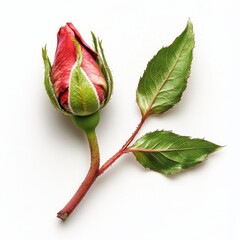 Poster - Vibrant red rosebud nestled among fresh green leaves in a natural setting