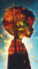 Poster - Vibrant visualization of a child glowing with colorful autumn trees reflecting in silhouette during a serene sunset