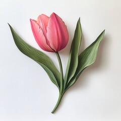 Poster - Vibrant pink tulip with fresh green leaves on a clean background showcasing natural beauty in springtime