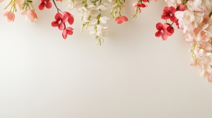 Wall Mural - Pink and white flowers arranged on top border of a clean white background, creating a delicate and elegant spring composition