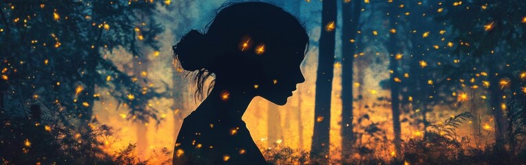 Poster - Silhouette of a woman surrounded by glowing lights at dusk in a serene forest