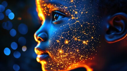 Aufkleber - A child's face illuminated with vibrant colors and glowing patterns against a dark background in a captivating moment of wonder