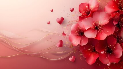 Poster - Romantic and elegant floral gradient design in a soft palette of red and pink hues featuring delicate gold accents glittering textures and love themed decorative elements for a luxurious