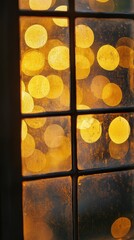 Poster - Vibrant golden-yellow backdrop with bokeh lights seen through a window at dusk