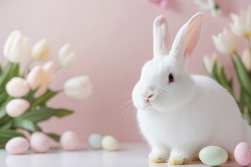 Wall Mural - cute white easter bunny sitting amidst pastel-colored eggs and tulips, creating a festive springtime