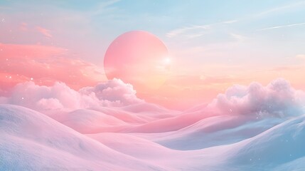Wall Mural - Soft and dreamy pastel toned landscape featuring a whimsical sunset sky with fluffy clouds smooth gradients and a serene ethereal atmosphere  This image captures a sense of fantasy and magic