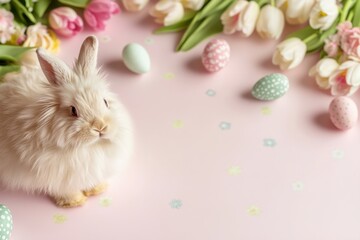 Wall Mural - adorable white bunny surrounded by colorful easter eggs and tulips creates a festive springtime scen