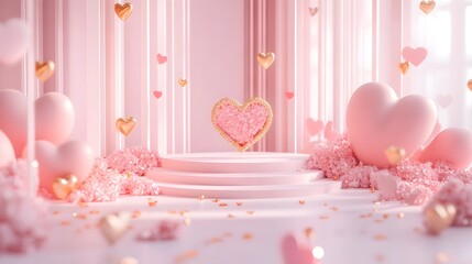 Poster - Decorative pink and gold Valentine s Day podium with soft gradients creative love themed details and a luxurious aesthetic creating a romantic and elegant backdrop for products events or photography