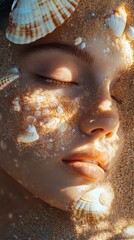 Poster - Surreal representation of a glowing woman with seashells resting on her face, set against a beach backdrop during sunset