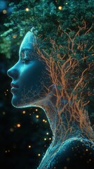 Poster - Surreal depiction of a glowing woman intertwined with nature in a dreamlike landscape