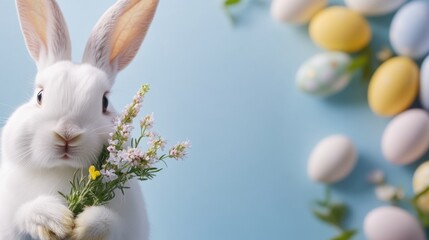 Wall Mural - adorable white easter bunny holding spring flowers with pastel colored eggs in background, perfect f