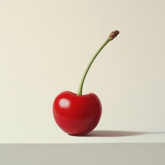 Poster - Glossy red cherry sits elegantly on a simple surface, showcasing fresh fruit's vibrant color and natural shine