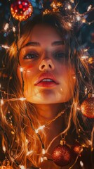 Aufkleber - Portrait of a woman illuminated by festive lights during a joyful holiday celebration in a warm atmosphere