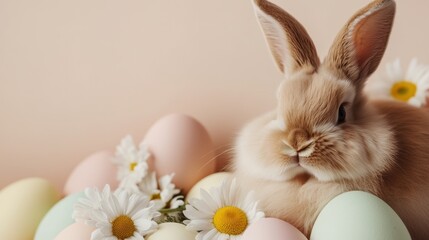 Wall Mural - adorable easter bunny resting amidst pastel-colored eggs and fresh daisies, creating a charming spri