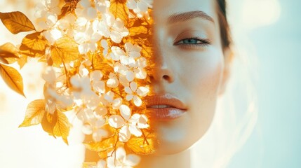 Aufkleber - Portrait of a woman bathed in warm light with floral elements, capturing serenity and beauty in a peaceful atmosphere